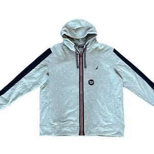 Light Gray Hooded Zip-Up Sweatshirt with Navy Sleeve Stripes